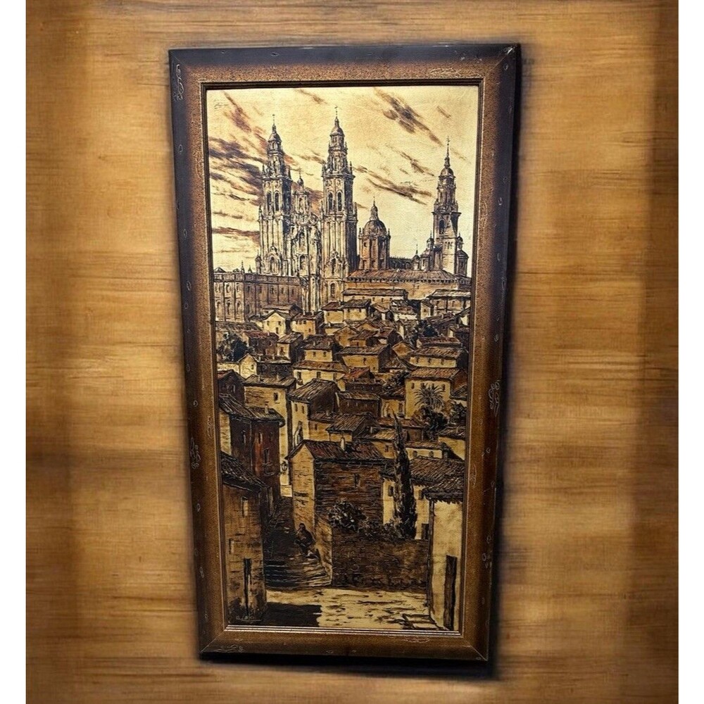 VTG Cathedral Santiago de Compostela Spain Oil Painting On Board Framed M Castro
